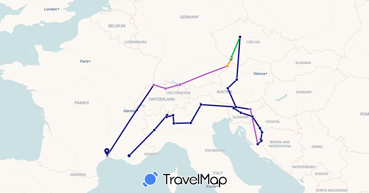 TravelMap itinerary: driving, bus, train, hiking, hitchhiking in Austria, Bosnia and Herzegovina, Switzerland, Czech Republic, Germany, France, Croatia, Italy, Slovenia (Europe)