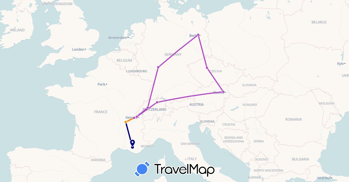 TravelMap itinerary: driving, train, hitchhiking in Austria, Switzerland, Czech Republic, Germany, France (Europe)