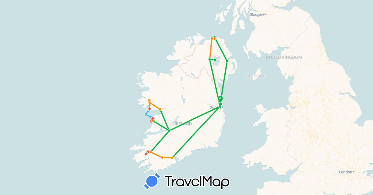 TravelMap itinerary: bus, plane, hiking, boat, hitchhiking in United Kingdom, Ireland (Europe)