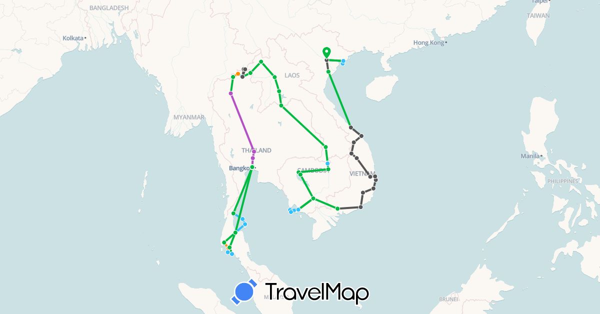 TravelMap itinerary: bus, plane, train, boat, hitchhiking, motorbike in Cambodia, Laos, Thailand, Vietnam (Asia)